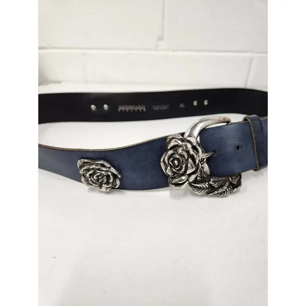 Unique Antoniazzi Firenze Women's Leather Elegant Belt, Sz XL, Navy Blue/Silver